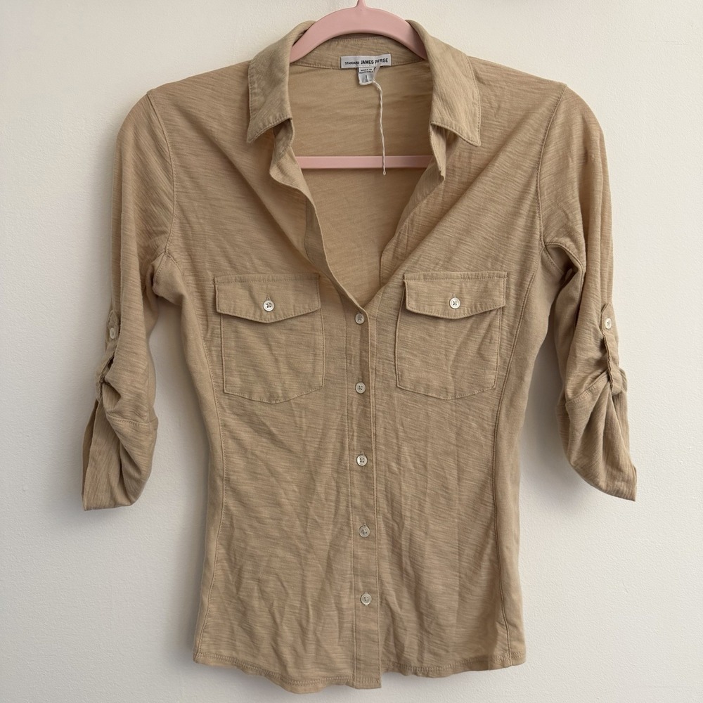 Standard James Perse Women's S 1 Beige Tan Utility Shirt 3/4 Sleeve Button Up